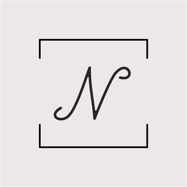 A minimalist black line art logo featuring a stylized cursive letter 'N' enclosed by open bracket-like lines, centered on a light gray background.